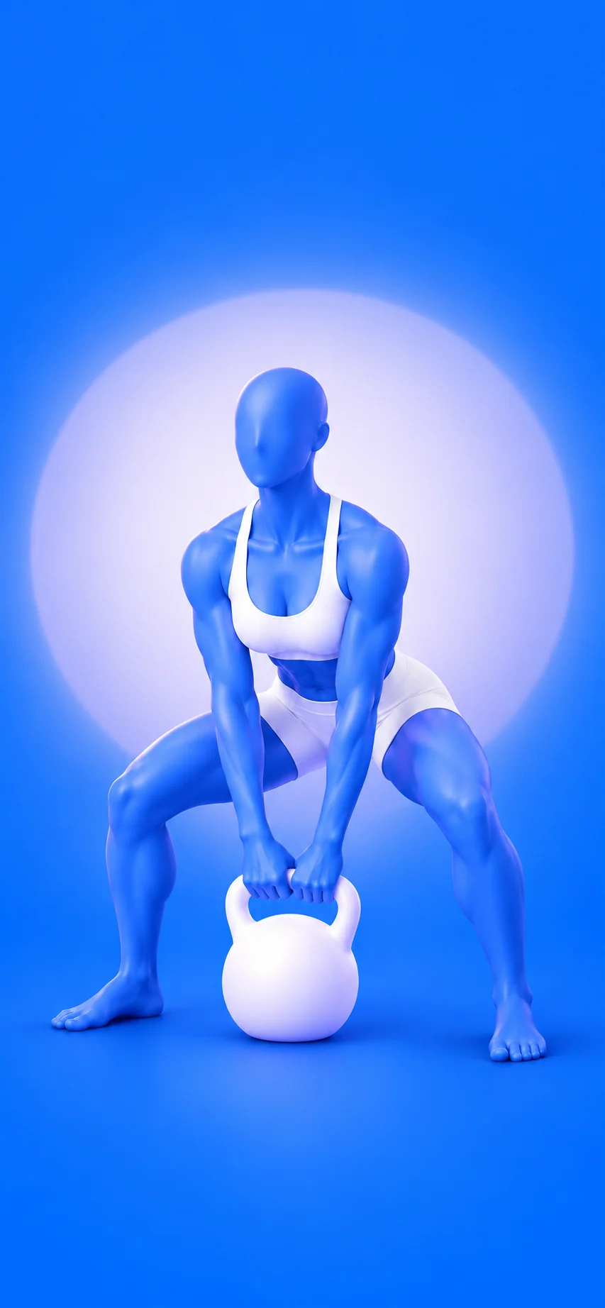 A blue 3D athlete lifting a white kettlebell